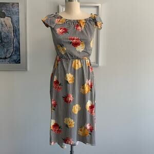 Vintage TMG Striped Floral Dress USA Made Midi Women’s Medium 80s